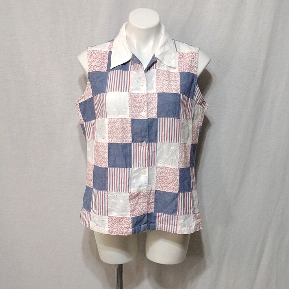 Lemon Grass Sleeveless Denim Shirt Patchwork Button Down Top Large Boho Casual